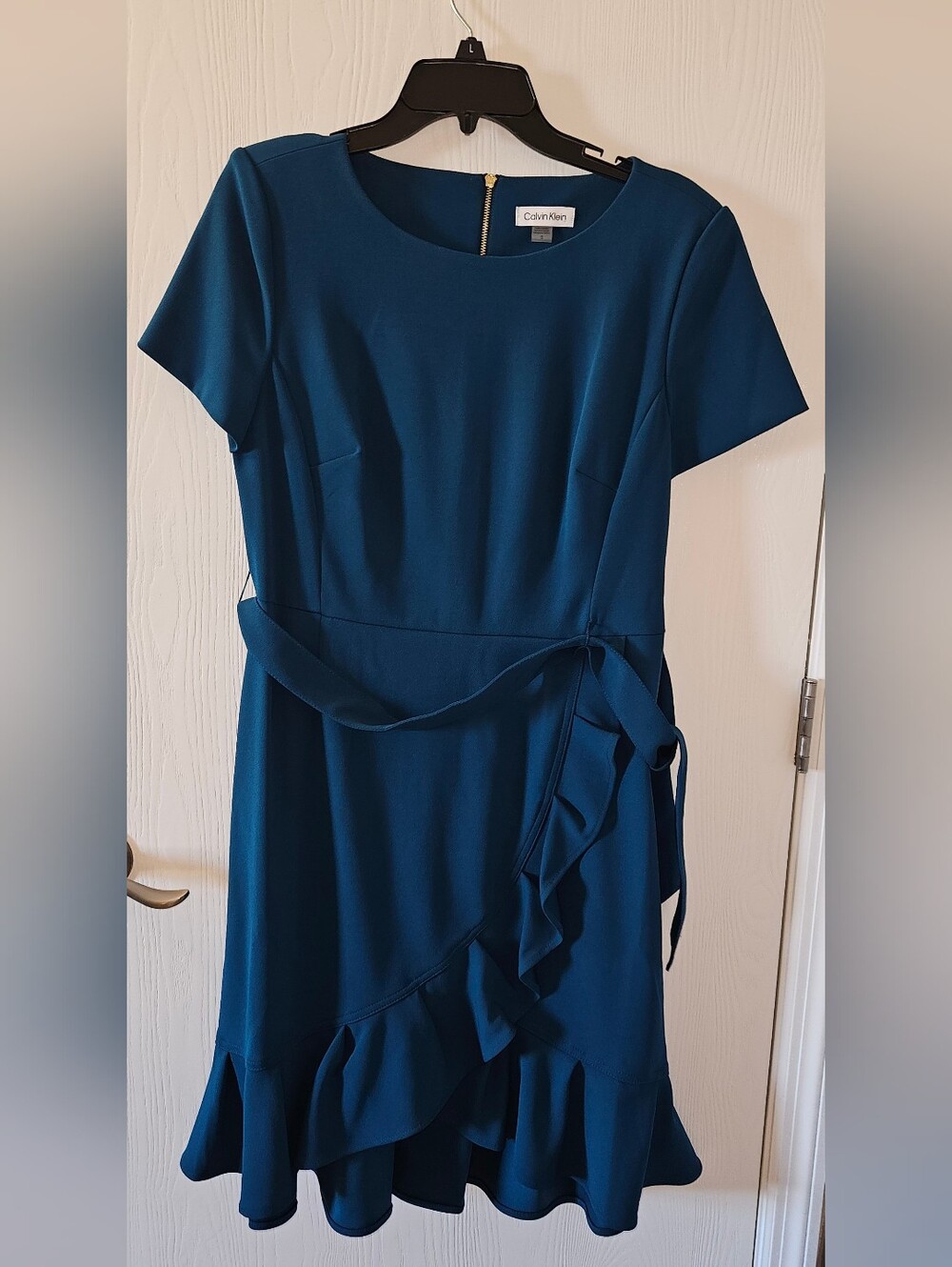 Calvin Klein Deep Teal Ruffle Tie-Waist Midi Dress